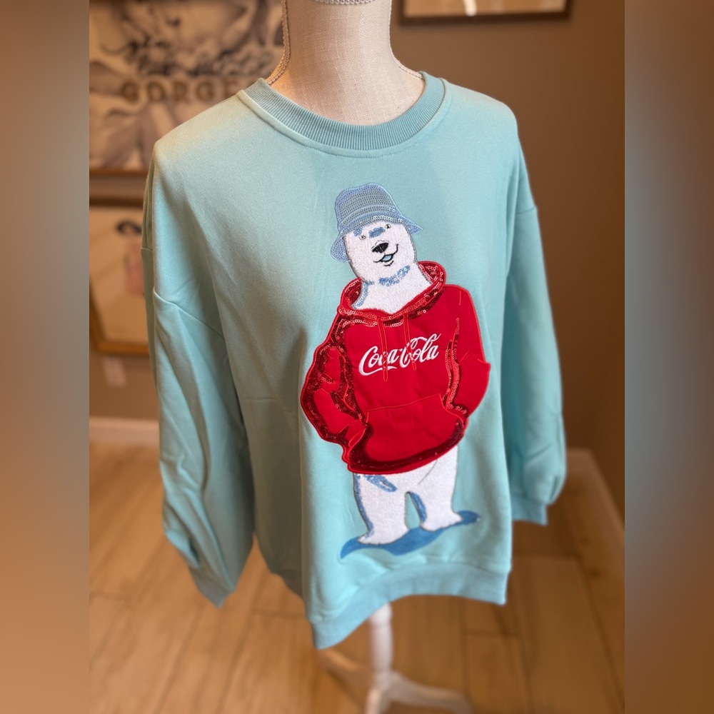 New! QUEEN OF SPARKLES Icy Blue Polar Bear Coca Cola Sweatshirt